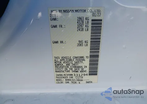 2022 Nissan Altima Sr z USA, uszkodzony, nr VIN 1N4BL4CVXNN331294